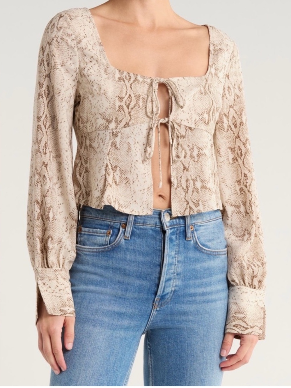 Beige Tie Front Snake Print Crepe Long Sleeve Top, Women's Size M